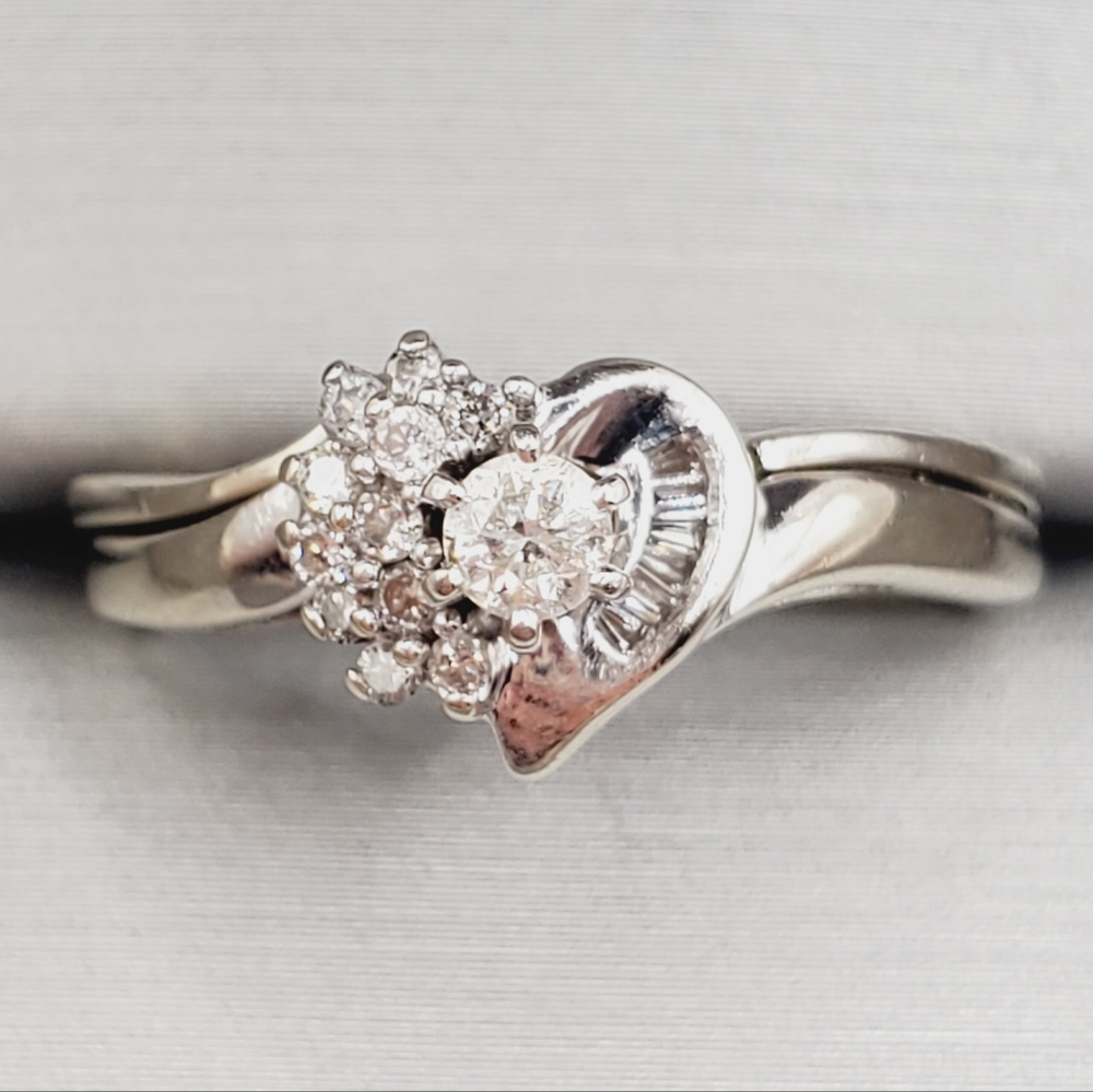 10k Solid White Gold Genuine Round & Baguette Diamond Heart Wedding Ring Set
